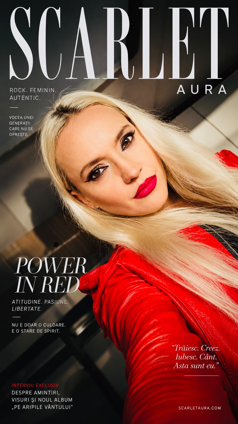 Scarlet Aura magazine-style interview cover featuring Aura Dănciulescu in red